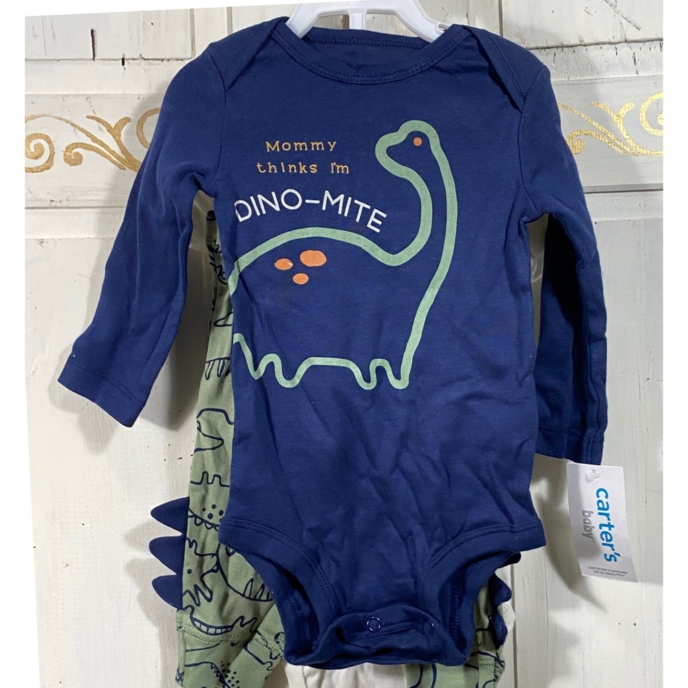 Carters Baby Boys 3-Piece Dinosaur Bodysuit and Pants Set Blue Green 6M NEW